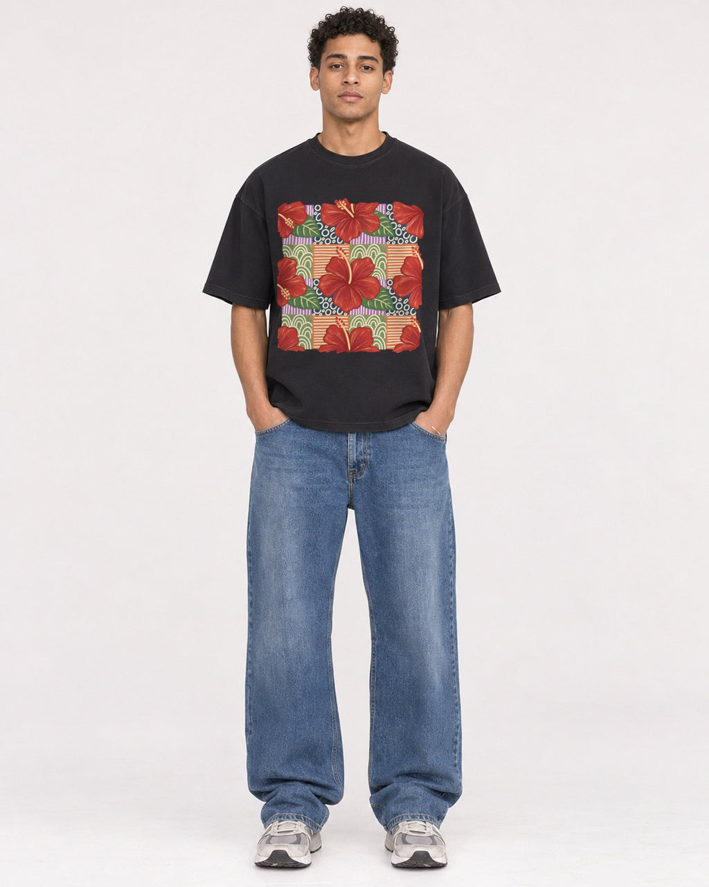 Mockup Boxy Heavyweight Tee Black male full-body 10