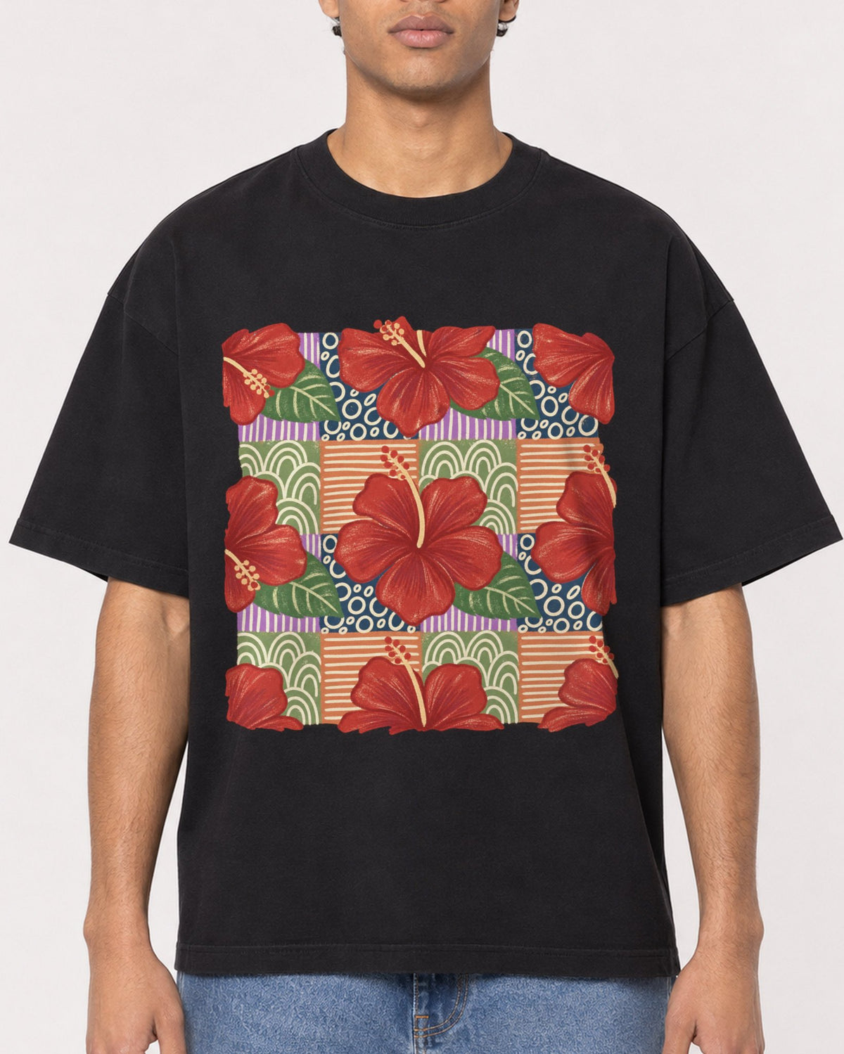 Mockup Boxy Heavyweight Tee Black male close-up 10