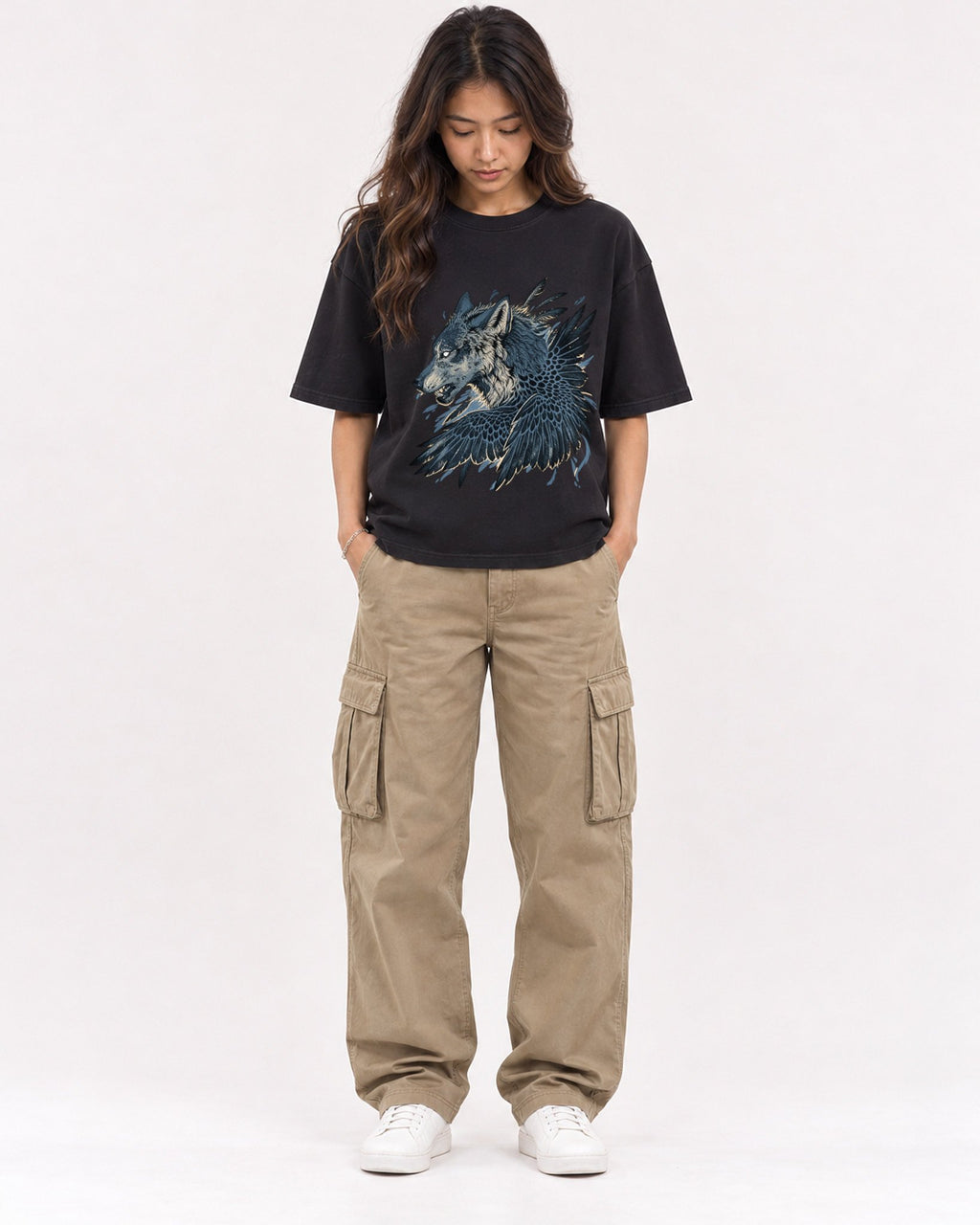 Mockup Boxy Heavyweight Tee Black female full-body 02