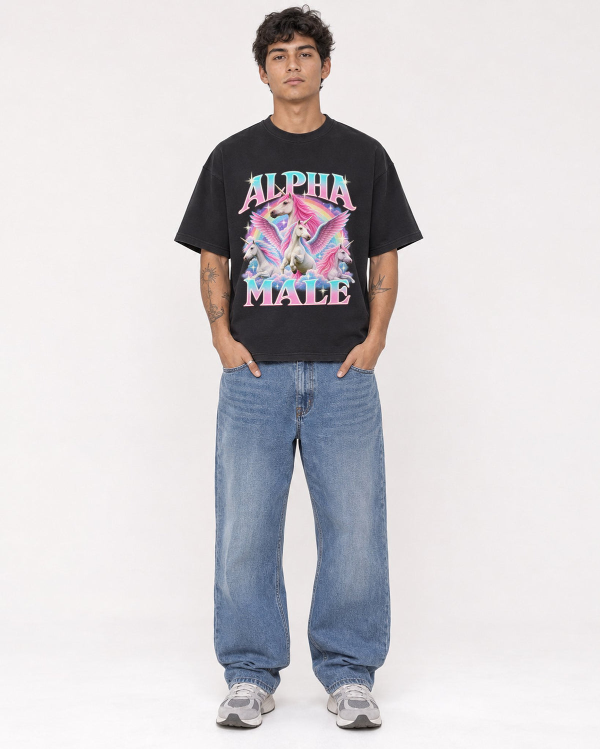 Mockup Boxy Heavyweight Tee Black male full-body 06