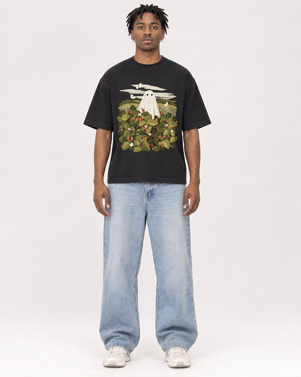 Mockup Boxy Heavyweight Tee Black male full-body 05