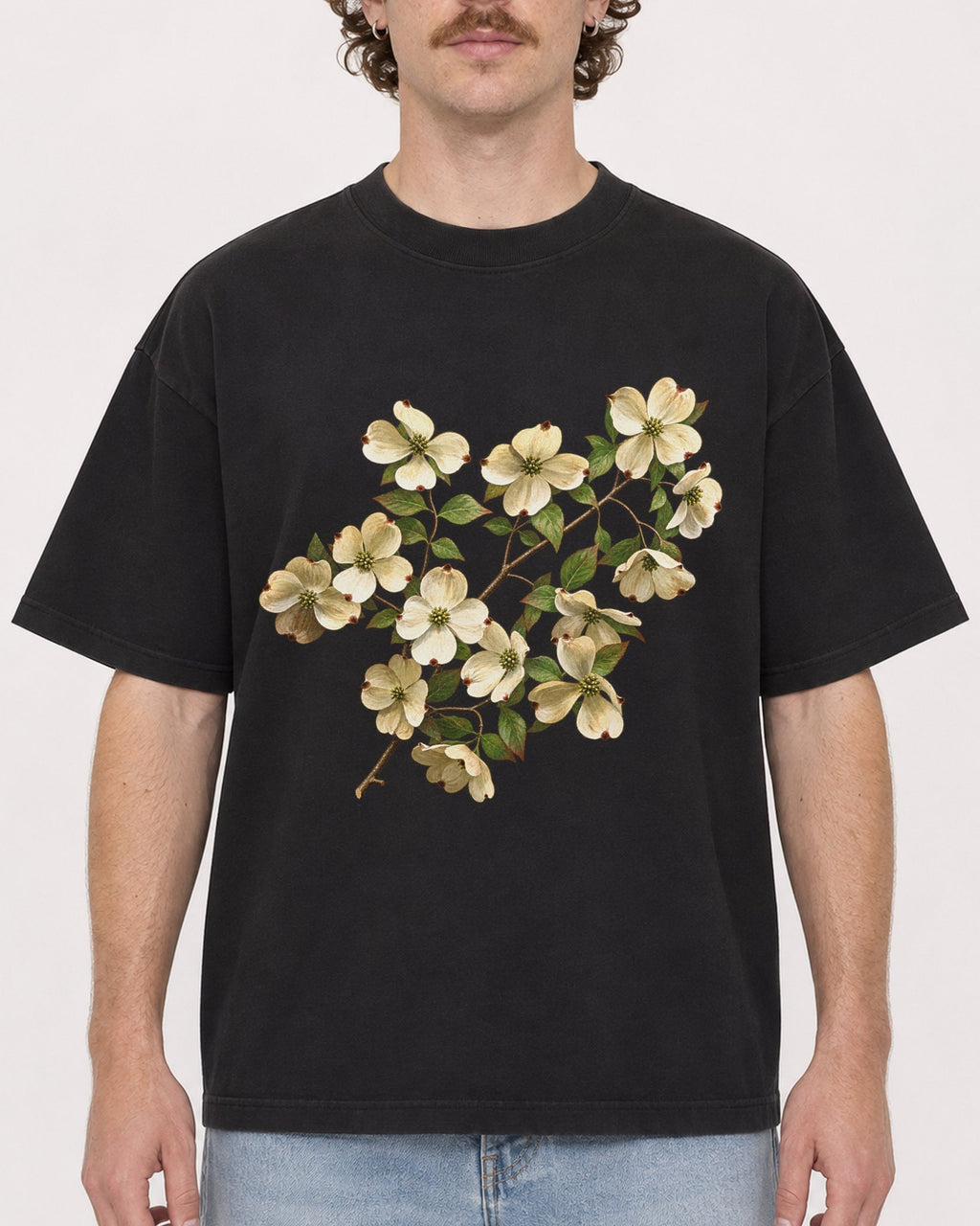 Mockup Boxy Heavyweight Tee Black male close-up 09