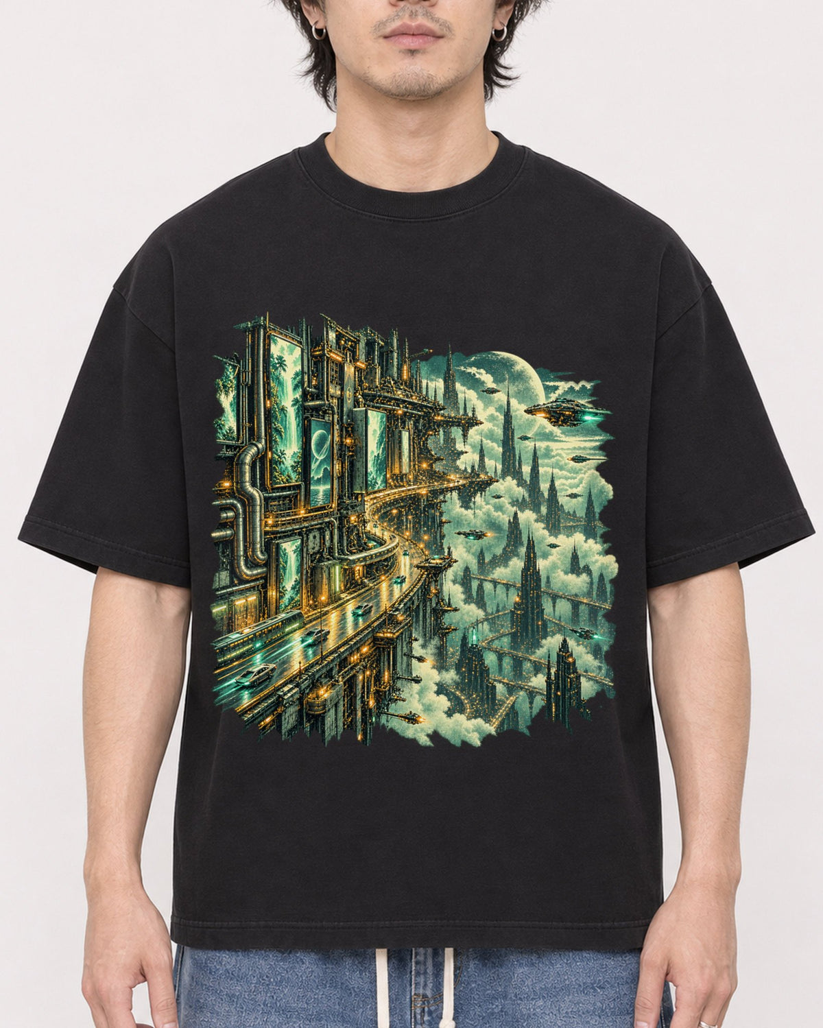 Mockup Boxy Heavyweight Tee Black male close-up 03
