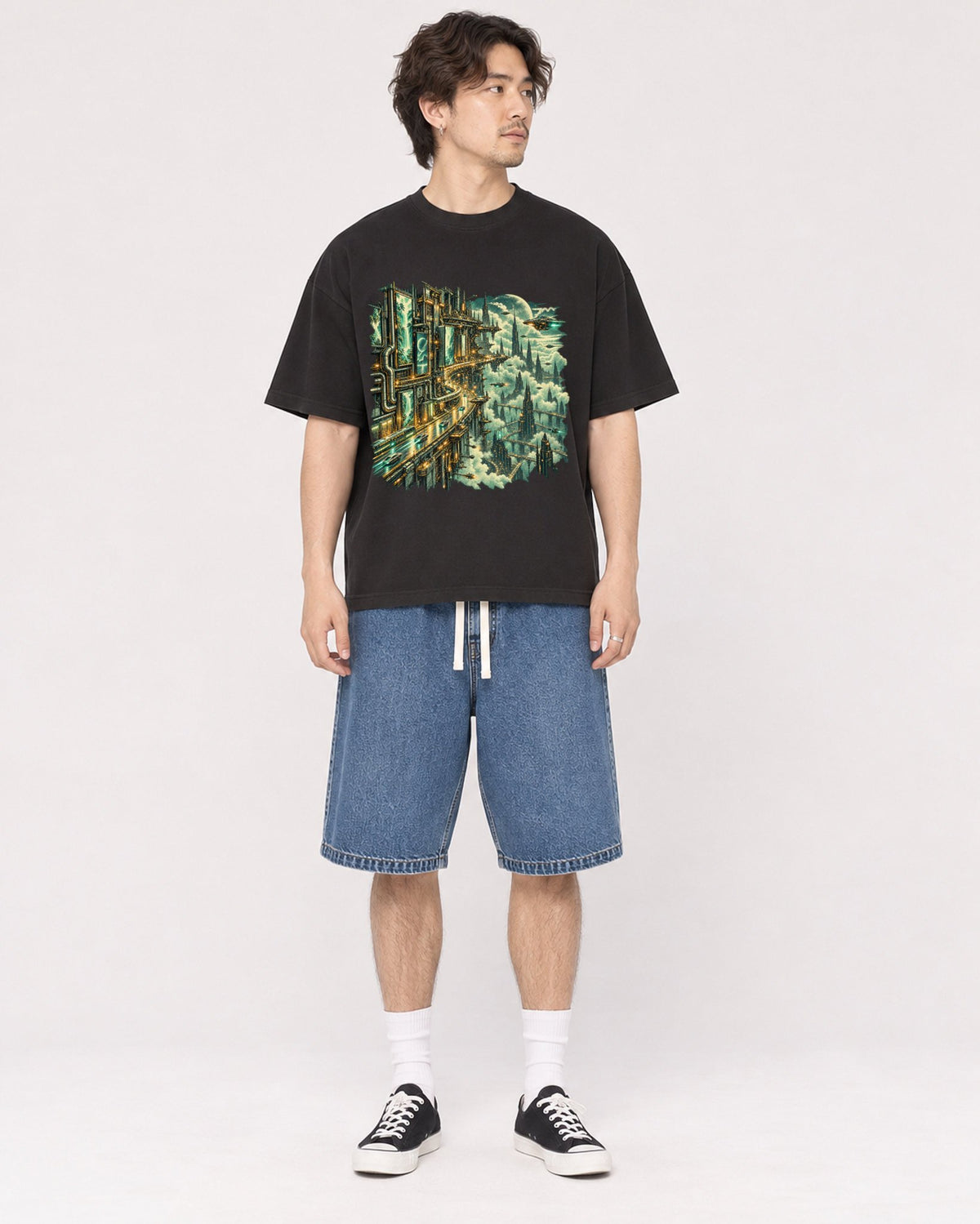 Mockup Boxy Heavyweight Tee Black male full-body 03