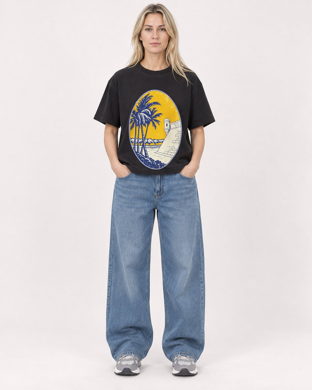 Mockup Boxy Heavyweight Tee Black female full-body 08