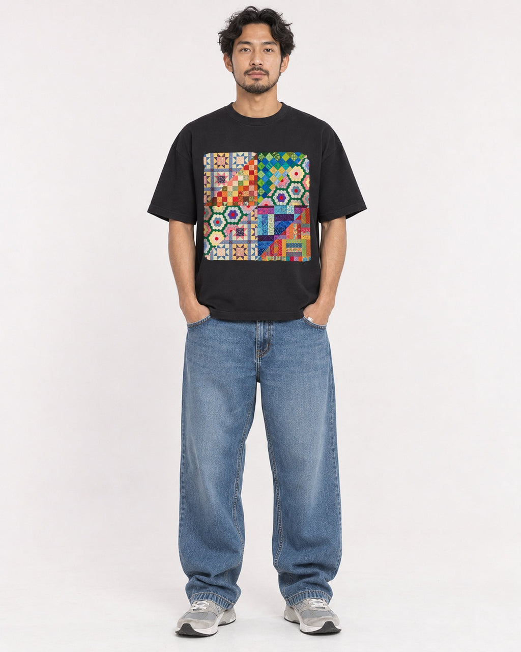 Mockup Boxy Heavyweight Tee Black male full-body 02