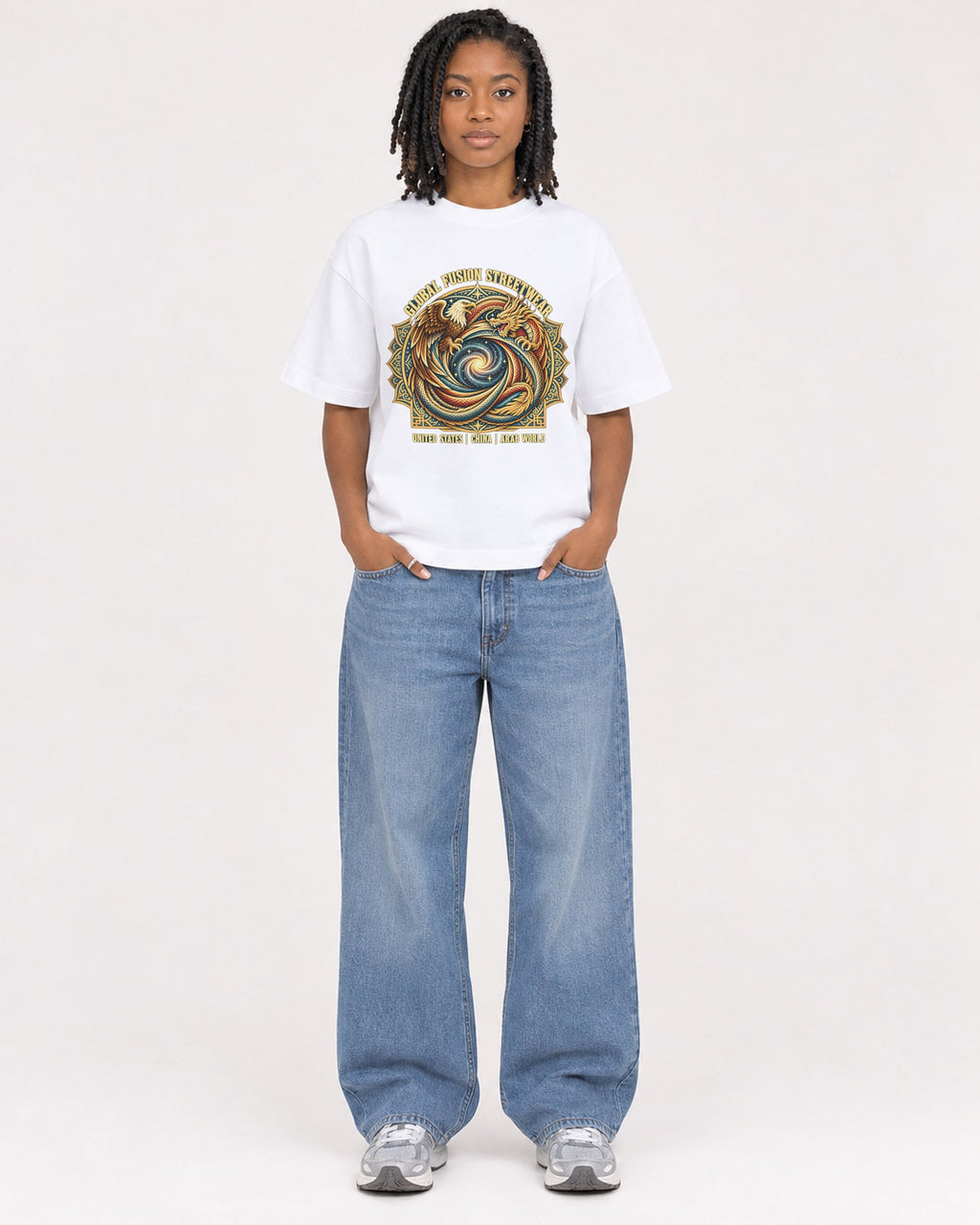 Mockup Boxy Heavyweight Tee White female full-body 15