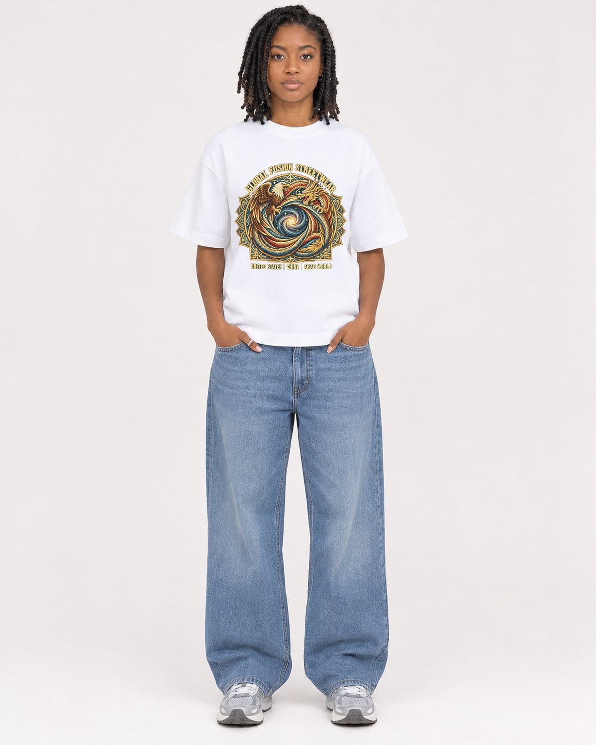 Mockup Boxy Heavyweight Tee White female full-body 15