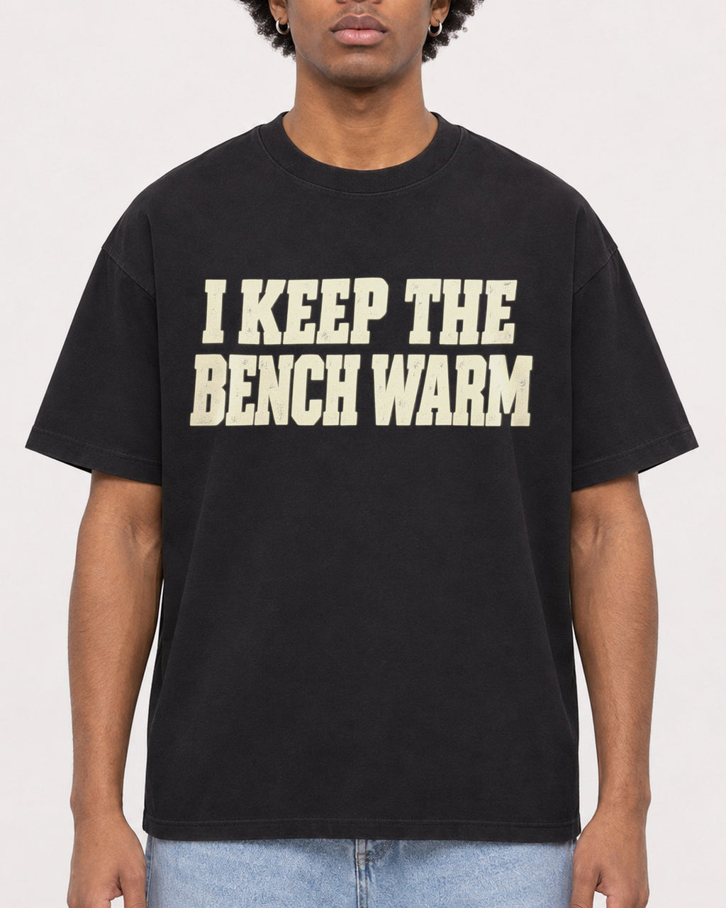 Mockup Boxy Heavyweight Tee Black male close-up 45