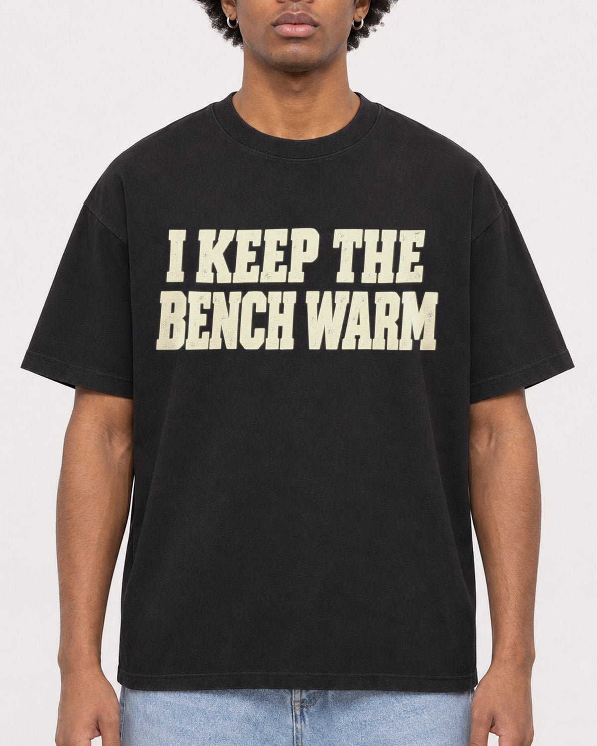 Mockup Boxy Heavyweight Tee Black male close-up 45