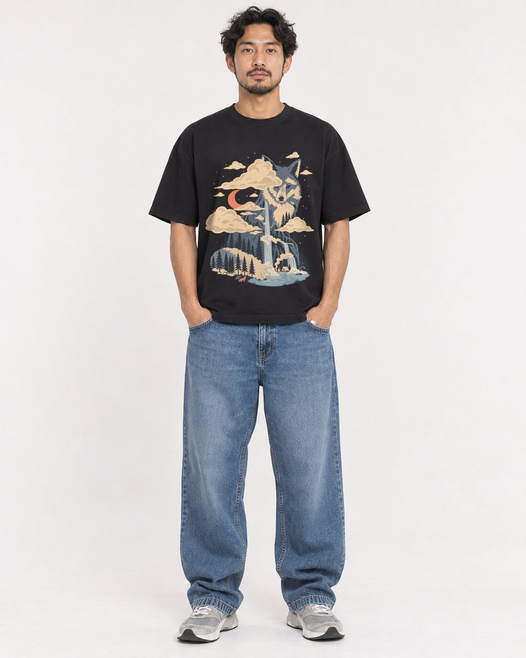 Mockup Boxy Heavyweight Tee Black male full-body 02