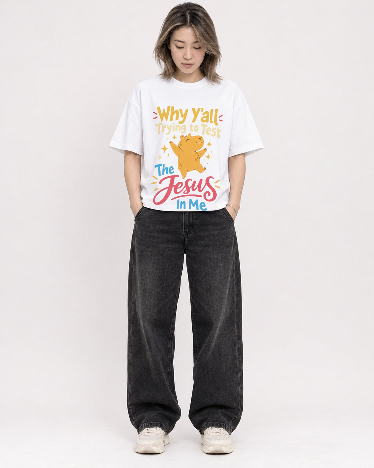 Mockup Boxy Heavyweight Tee White female full-body 33