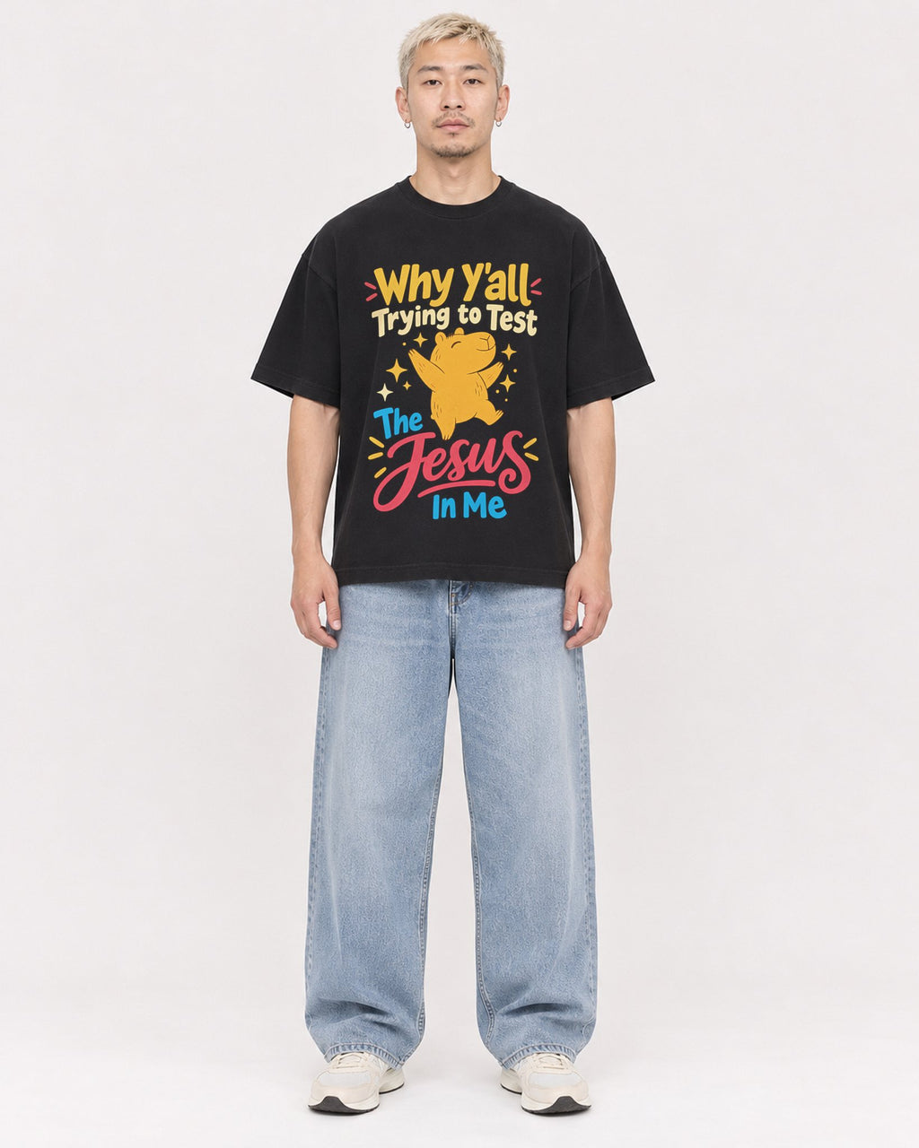 Mockup Boxy Heavyweight Tee Black male full-body 33