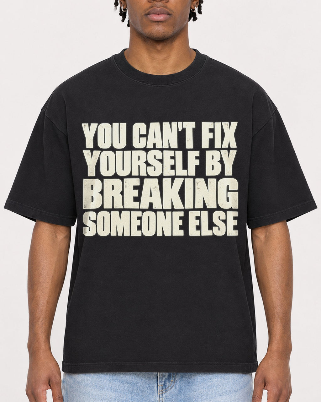 Mockup Boxy Heavyweight Tee Black male close-up 05