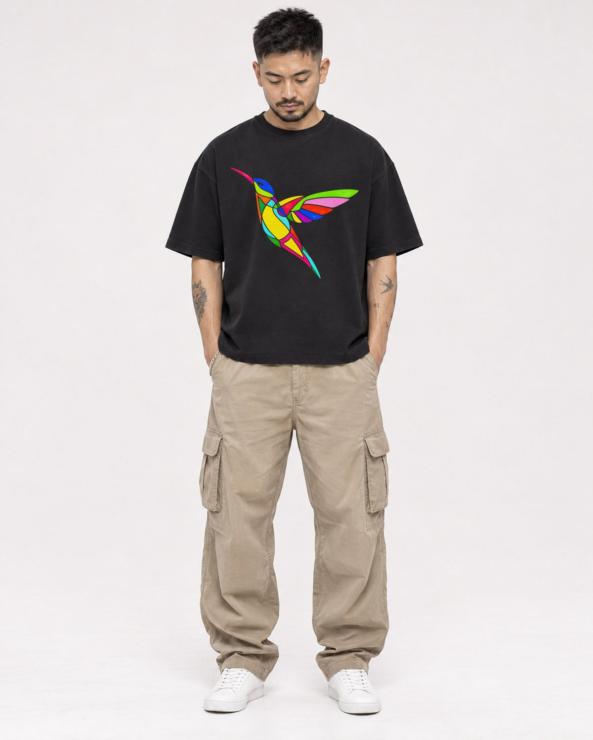 Mockup Boxy Heavyweight Tee Black male full-body 12