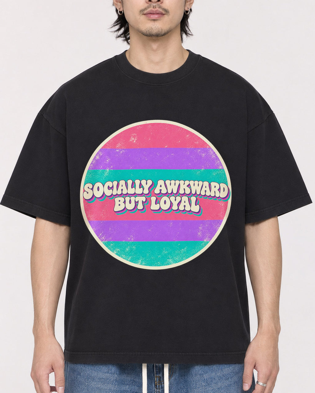 Mockup Boxy Heavyweight Tee Black male close-up 23