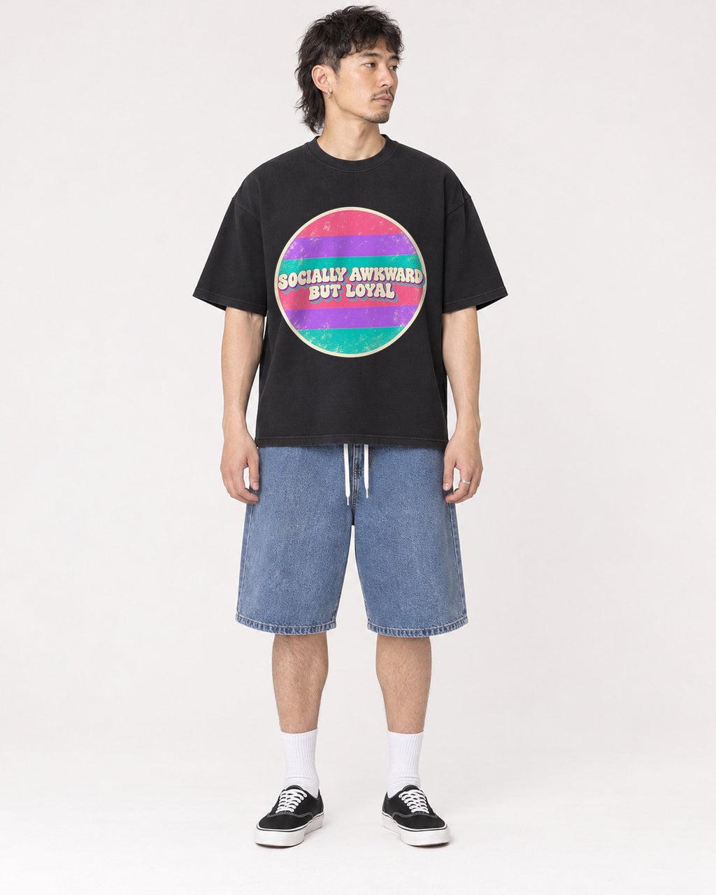 Mockup Boxy Heavyweight Tee Black male full-body 23