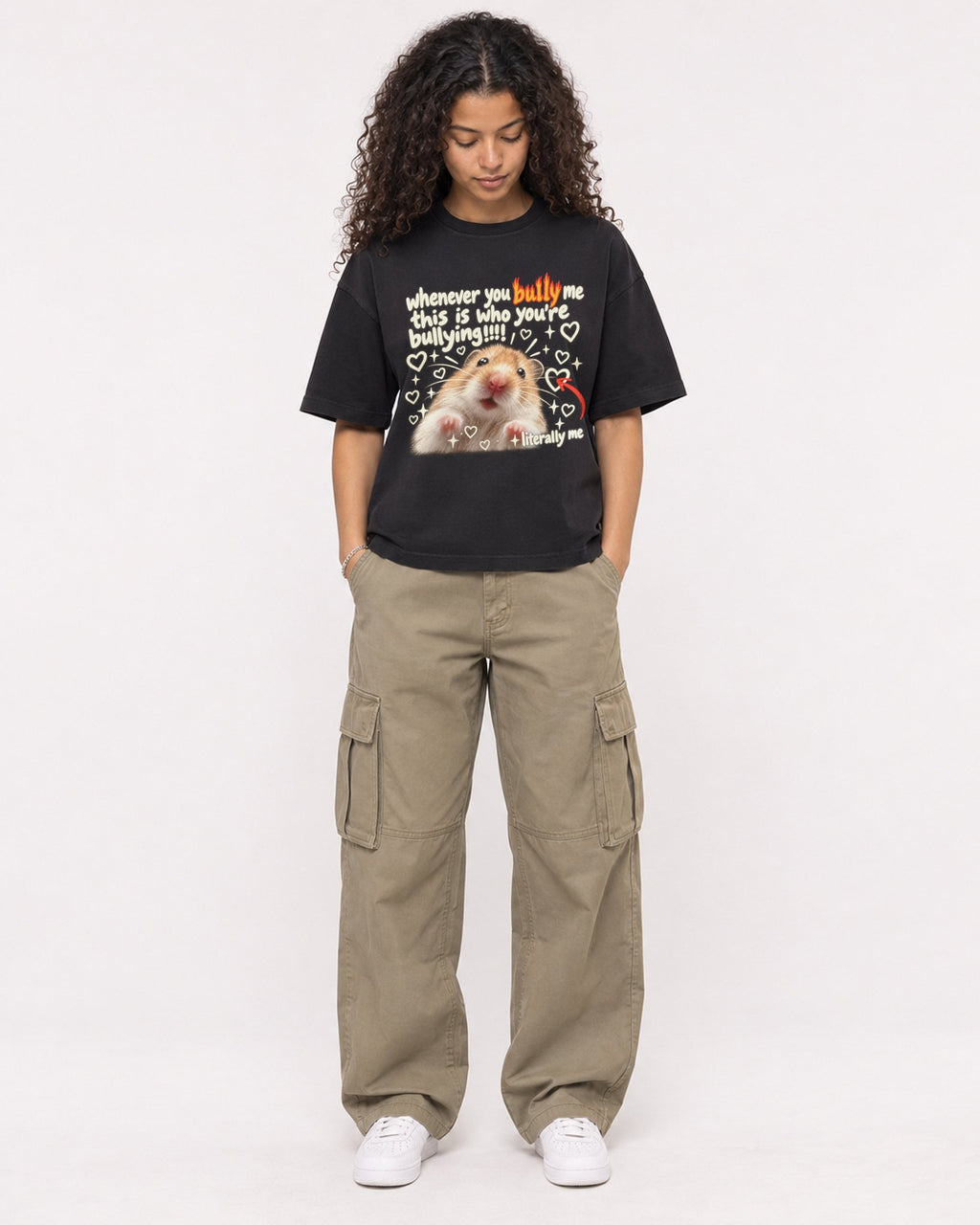 Mockup Boxy Heavyweight Tee Black female full-body 10