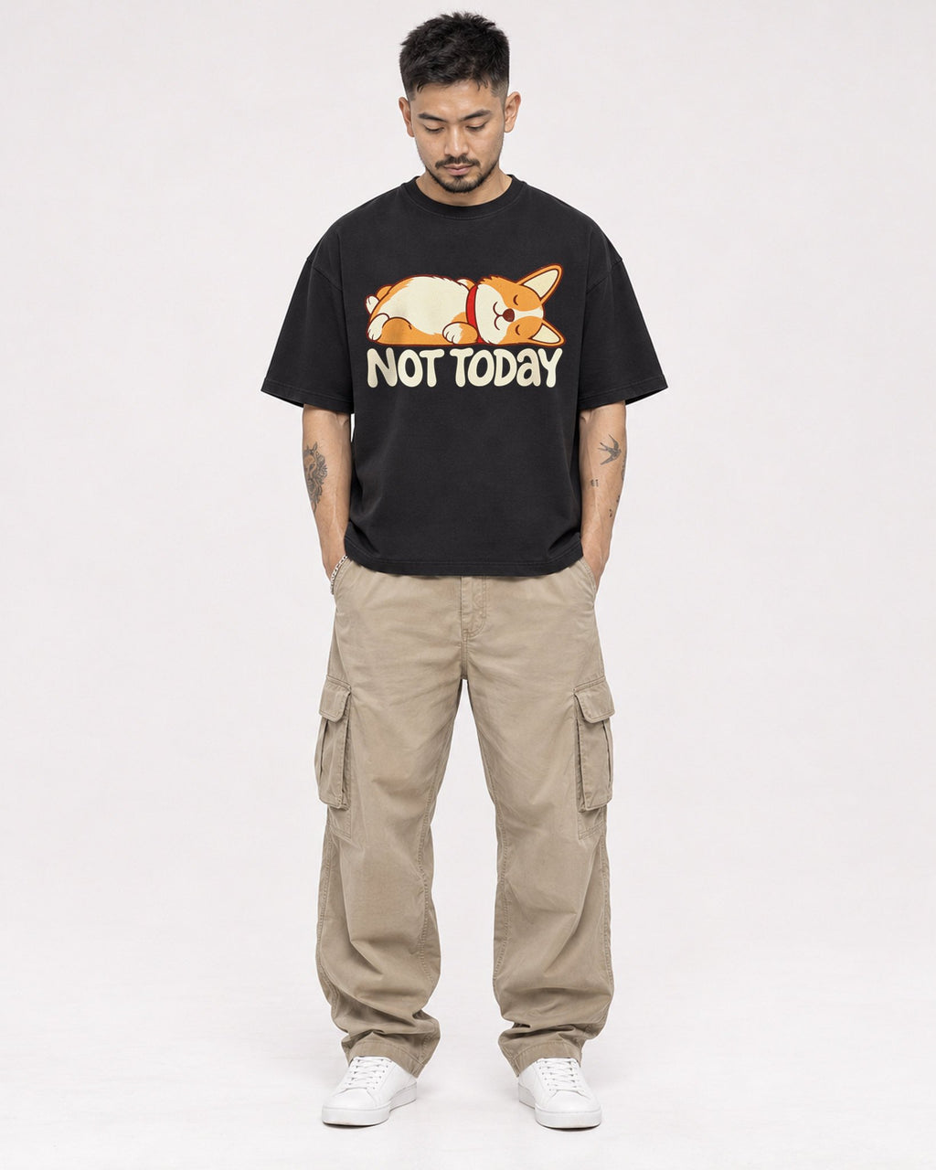 Mockup Boxy Heavyweight Tee Black male full-body 12