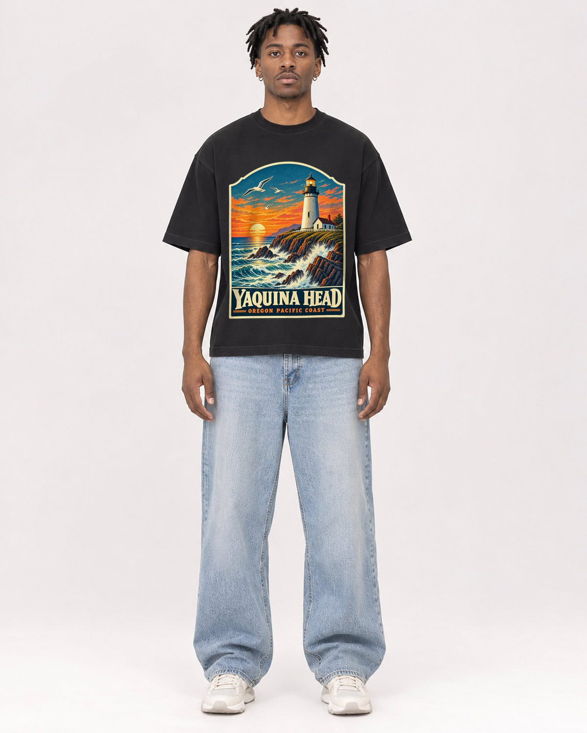Mockup Boxy Heavyweight Tee Black male full-body 05