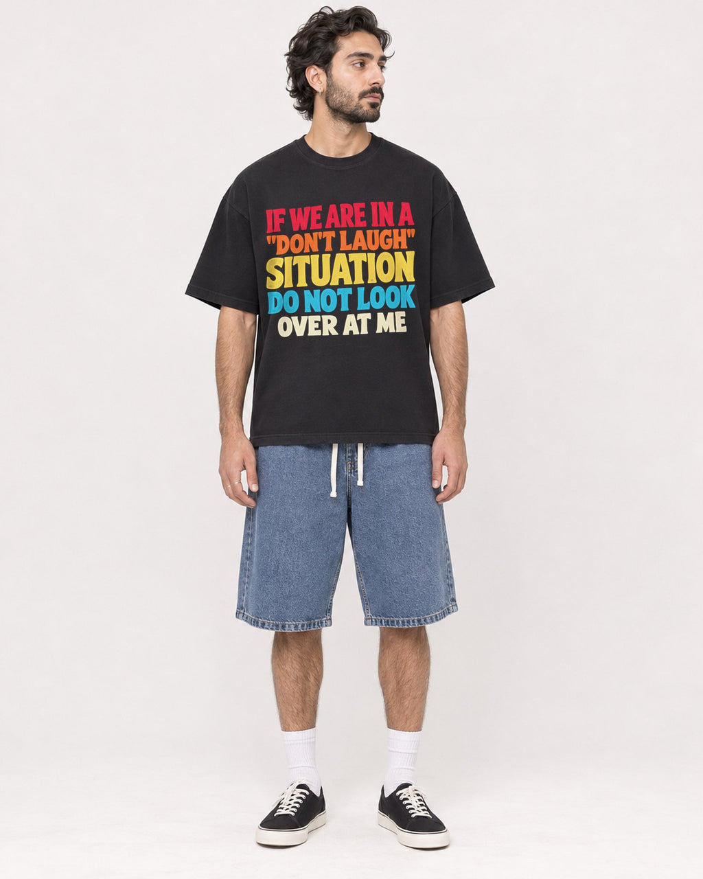 Mockup Boxy Heavyweight Tee Black male full-body 47