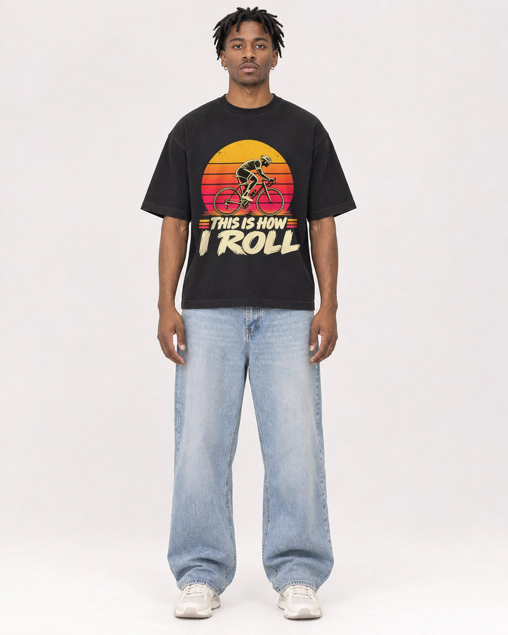 Mockup Boxy Heavyweight Tee Black male full-body 05