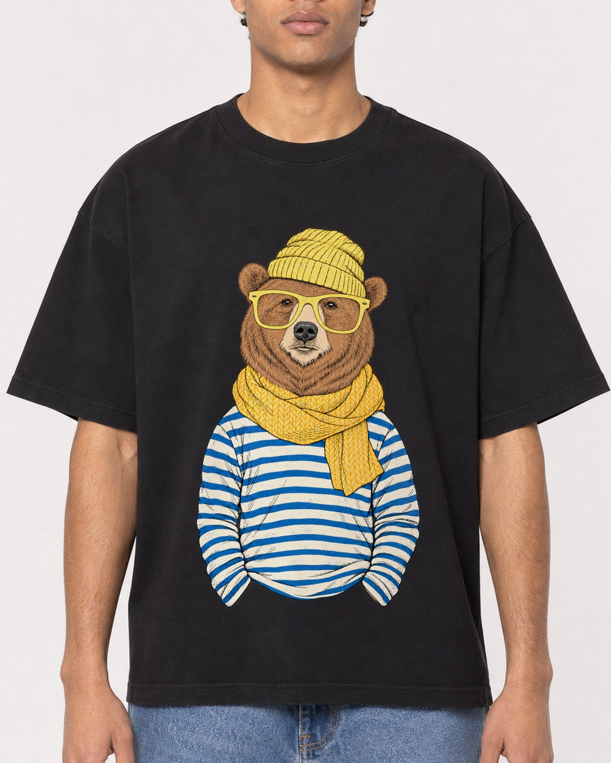 Mockup Boxy Heavyweight Tee Black male close-up 10