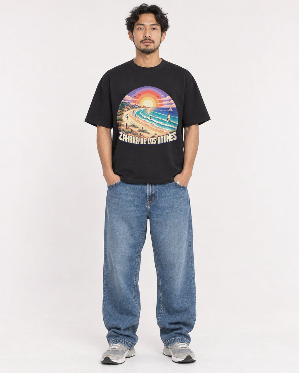 Mockup Boxy Heavyweight Tee Black male full-body 02