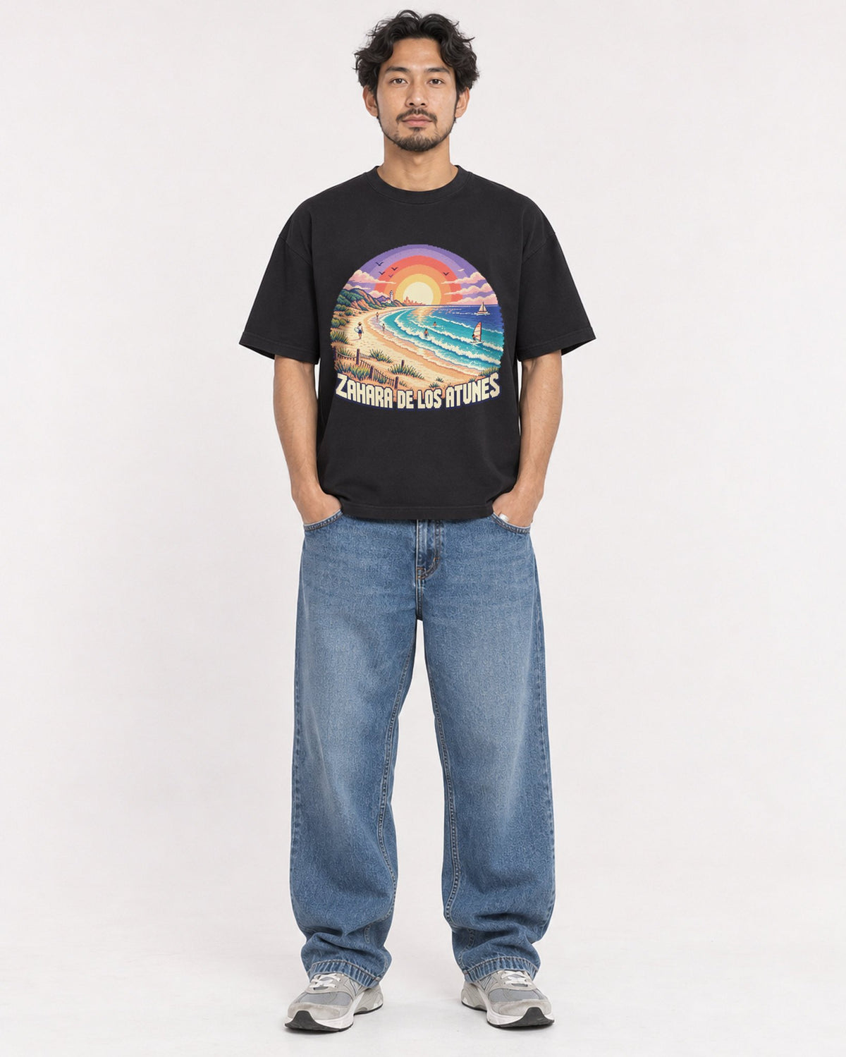 Mockup Boxy Heavyweight Tee Black male full-body 02
