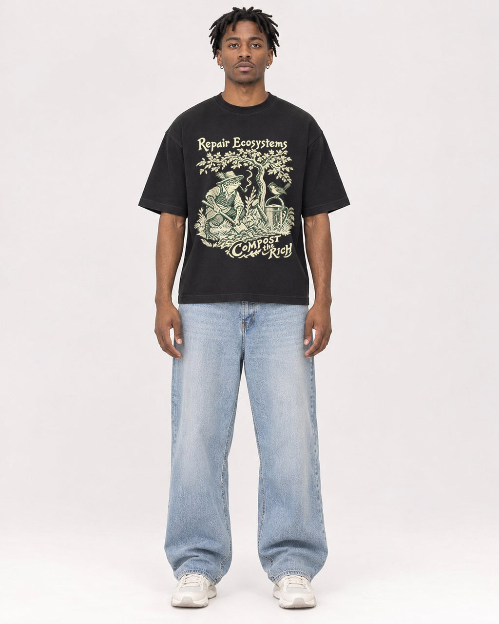Mockup Boxy Heavyweight Tee Black male full-body 05