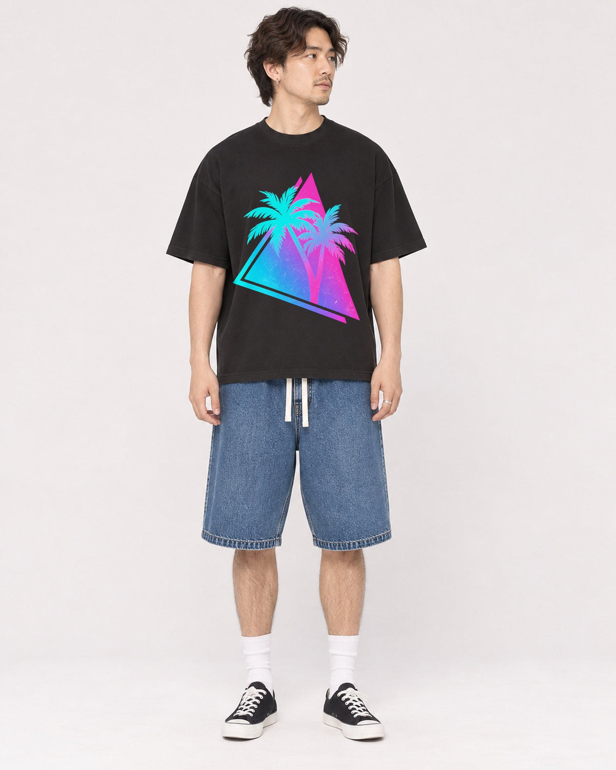Mockup Boxy Heavyweight Tee Black male full-body 03