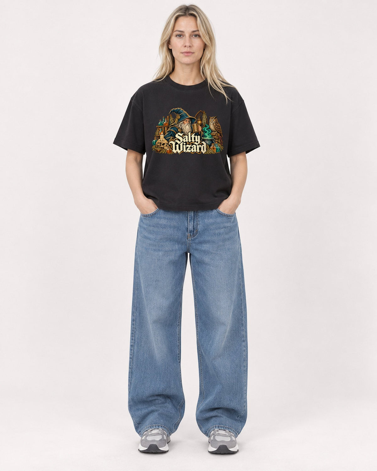 Mockup Boxy Heavyweight Tee Black female full-body 08