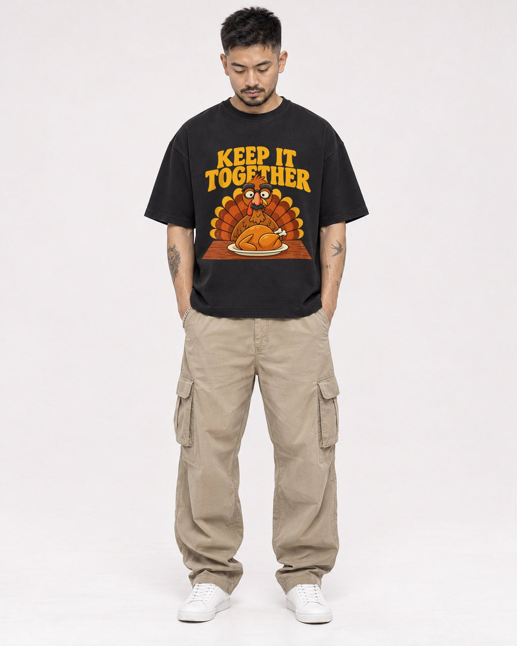 Mockup Boxy Heavyweight Tee Black male full-body 12
