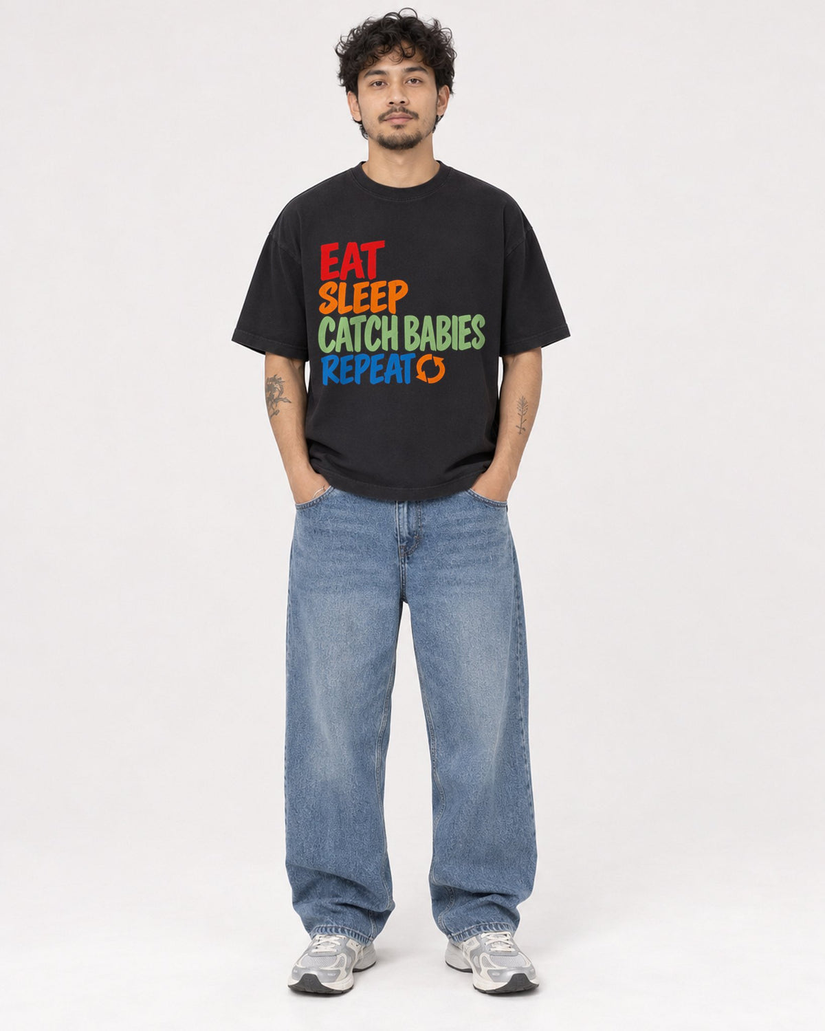 Mockup Boxy Heavyweight Tee Black male full-body 42