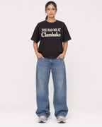 Mockup Boxy Heavyweight Tee Black female full-body 16