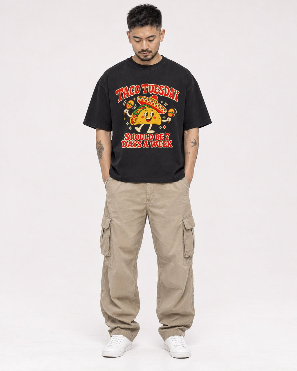 Mockup Boxy Heavyweight Tee Black male full-body 12