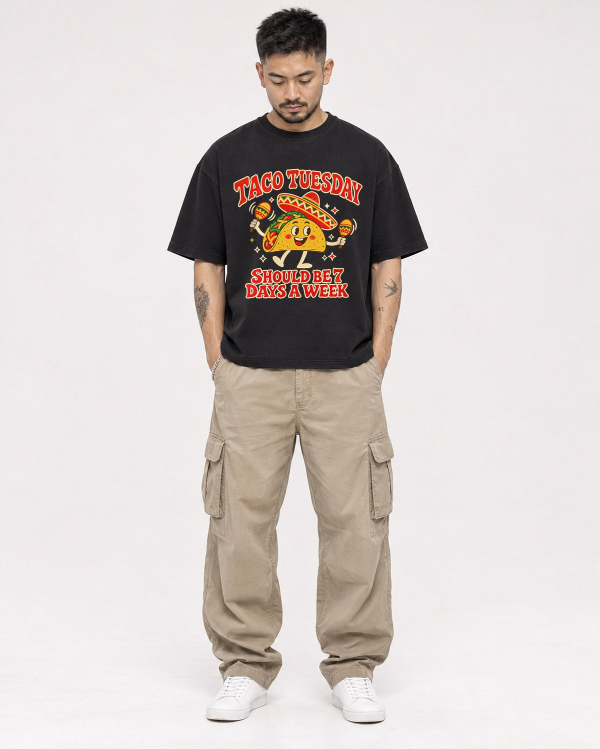 Mockup Boxy Heavyweight Tee Black male full-body 12