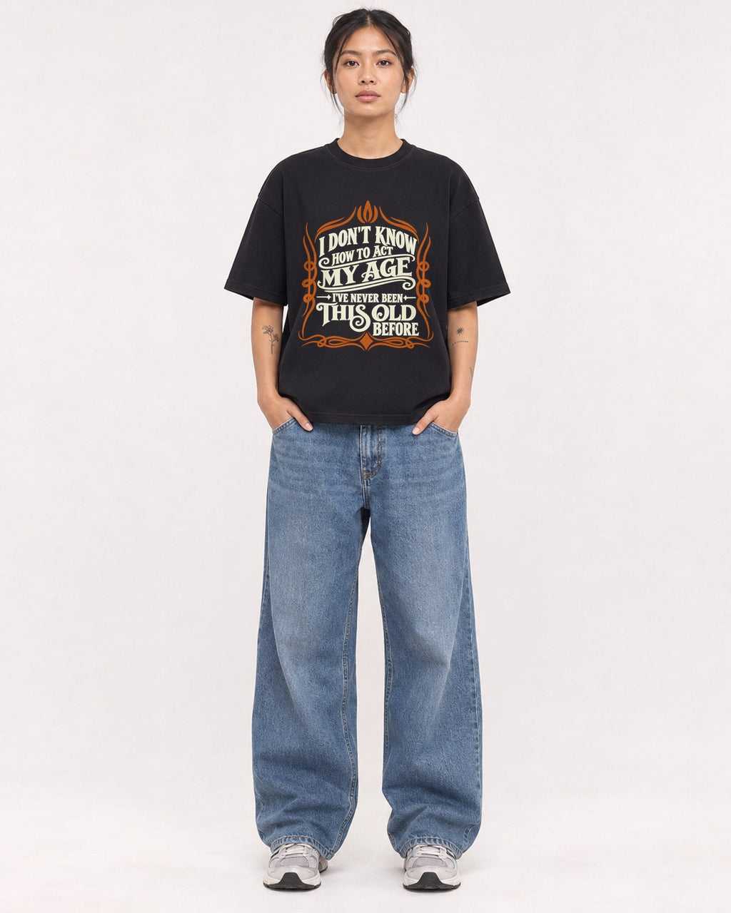Mockup Boxy Heavyweight Tee Black female full-body 12