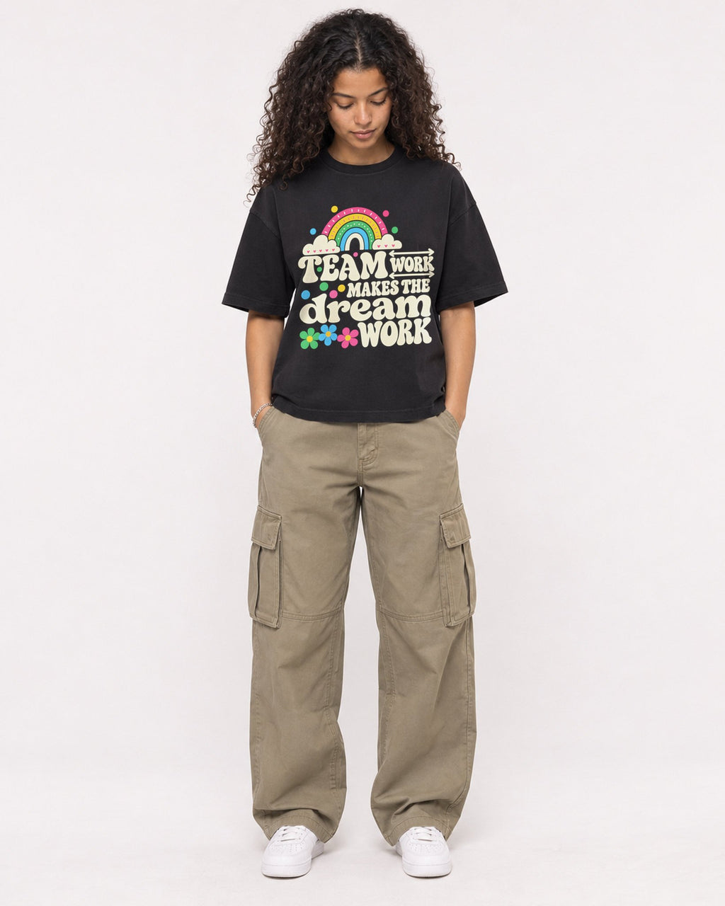 Mockup Boxy Heavyweight Tee Black female full-body 10