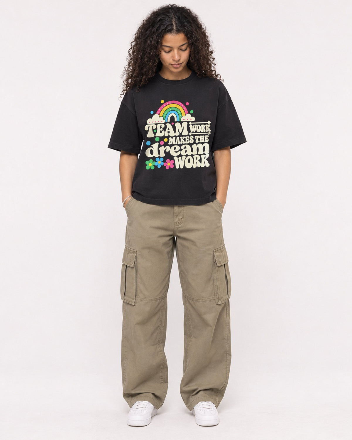 Mockup Boxy Heavyweight Tee Black female full-body 10