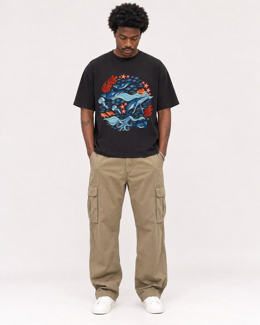 Mockup Boxy Heavyweight Tee Black male full-body 24