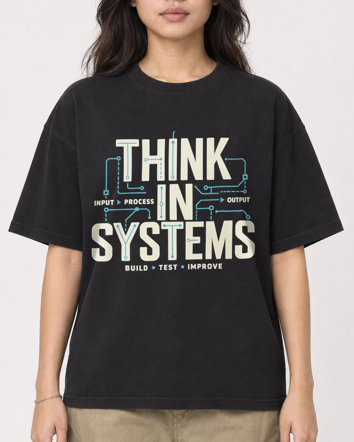 Mockup Boxy Heavyweight Tee Black female close-up 02