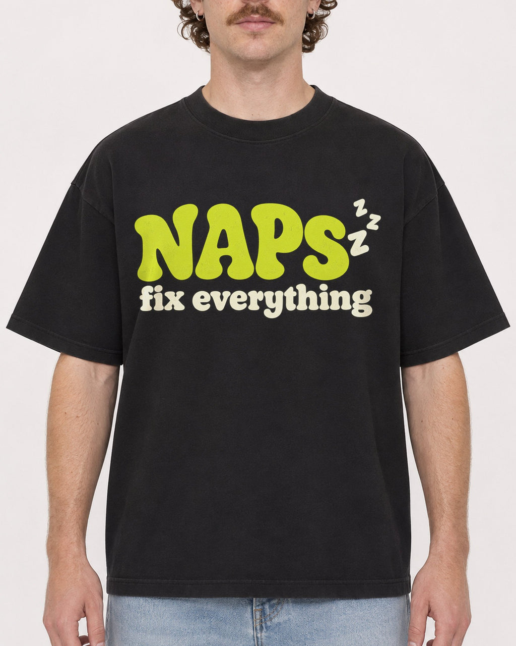 Mockup Boxy Heavyweight Tee Black male close-up 09