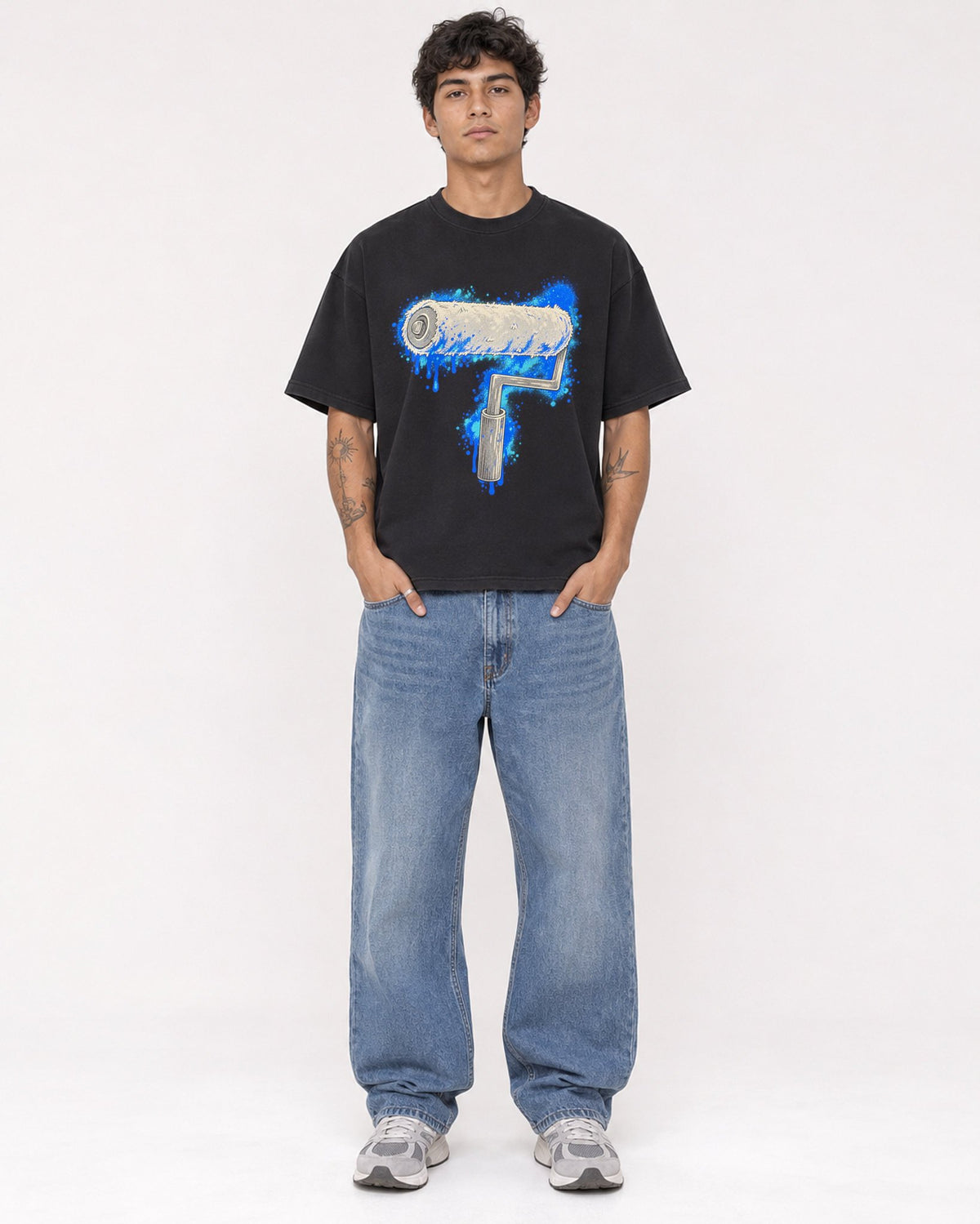 Mockup Boxy Heavyweight Tee Black male full-body 06