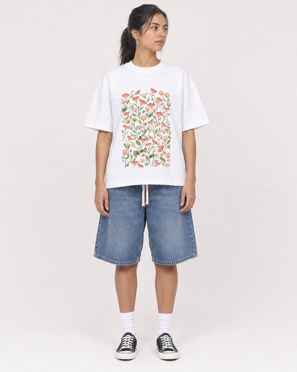 Mockup Boxy Heavyweight Tee White female full-body 16