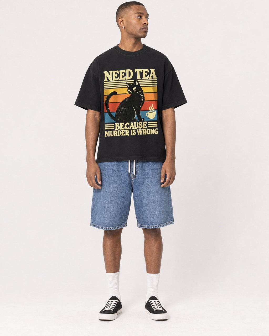 Mockup Boxy Heavyweight Tee Black male full-body 35