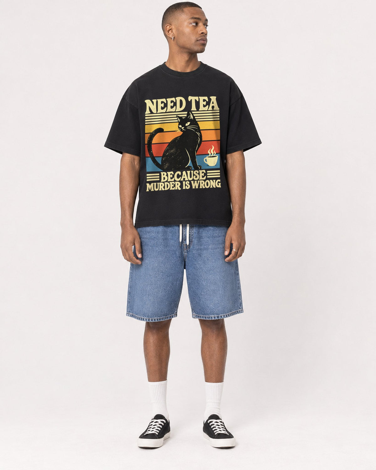 Mockup Boxy Heavyweight Tee Black male full-body 35