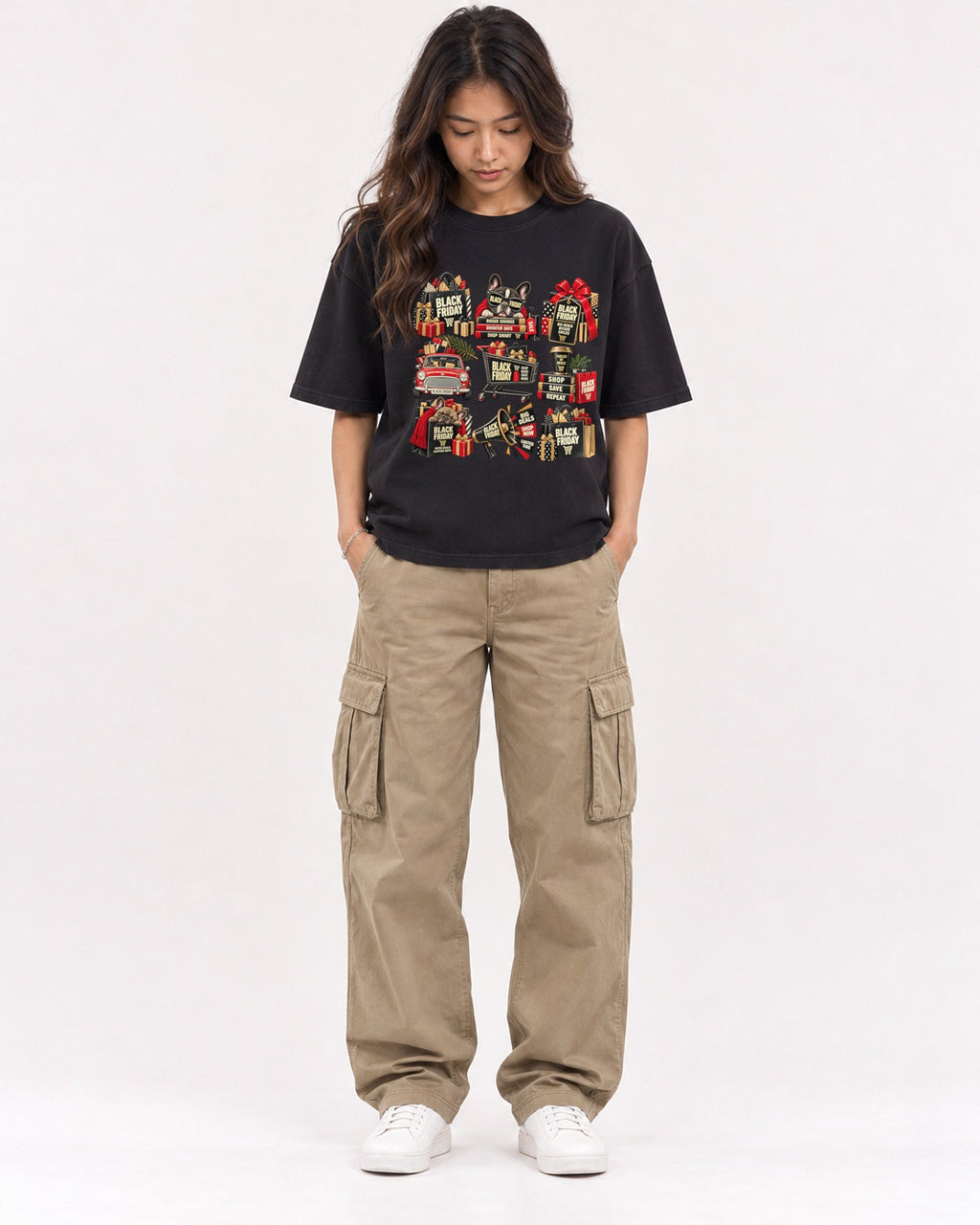 Mockup Boxy Heavyweight Tee Black female full-body 02