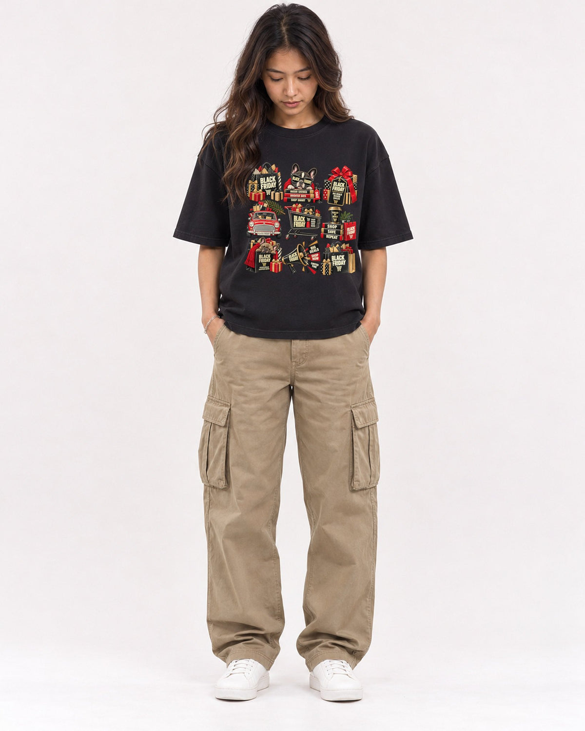 Mockup Boxy Heavyweight Tee Black female full-body 02
