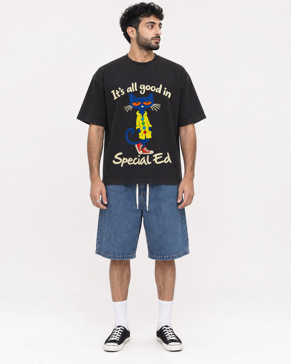 Mockup Boxy Heavyweight Tee Black male full-body 07